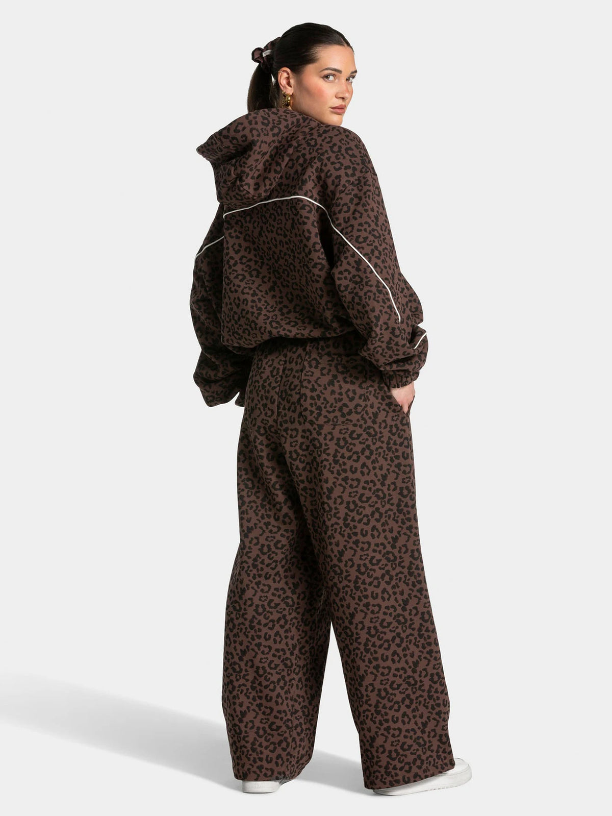 Vintage Leopard Hooded Sweatshirt Suit Loose Fit Contrast Line Wide Leg Trousers Fashion Athletic Tracksuit Outfit