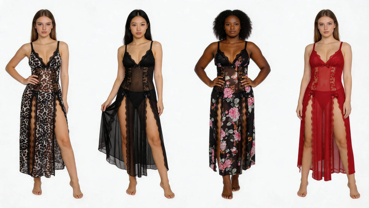 Leopard Print Mesh Lace Nightgown for Women Wild Animal Sleepwear See Through Deep V Long Split Open Back Sexy Lingerie Dress