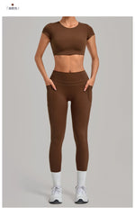 Yoga Set Women's Tracksuit Short Sleeve Back Hollow Out Sports Top Athletic Wear Tight High Waist Pocket Leggings Fitness Suits