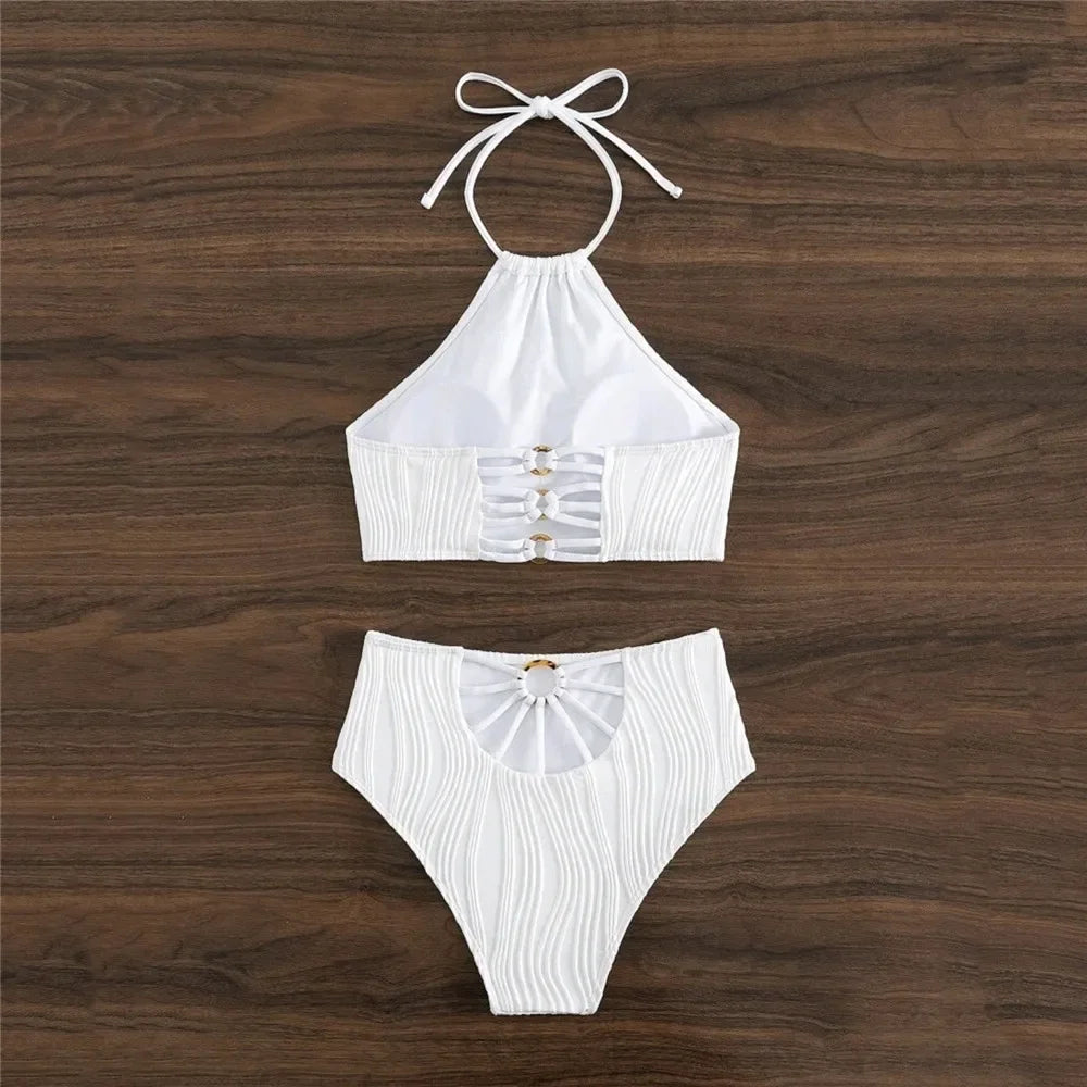Sexy White High Waisted Bikini Set Women Ribbed Swimwear Push Up Swimsuit Halter Backless Crop Top Back Hollow Out Bathing Suit