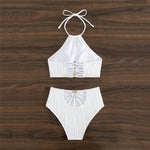 Sexy White High Waisted Bikini Set Women Ribbed Swimwear Push Up Swimsuit Halter Backless Crop Top Back Hollow Out Bathing Suit