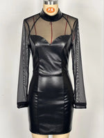 Summer Women's Slim Mini Dresses Sexy Hot Girl See Through Mesh Patchwork Leather Package Hip Short Dress Lady Club Vestidos