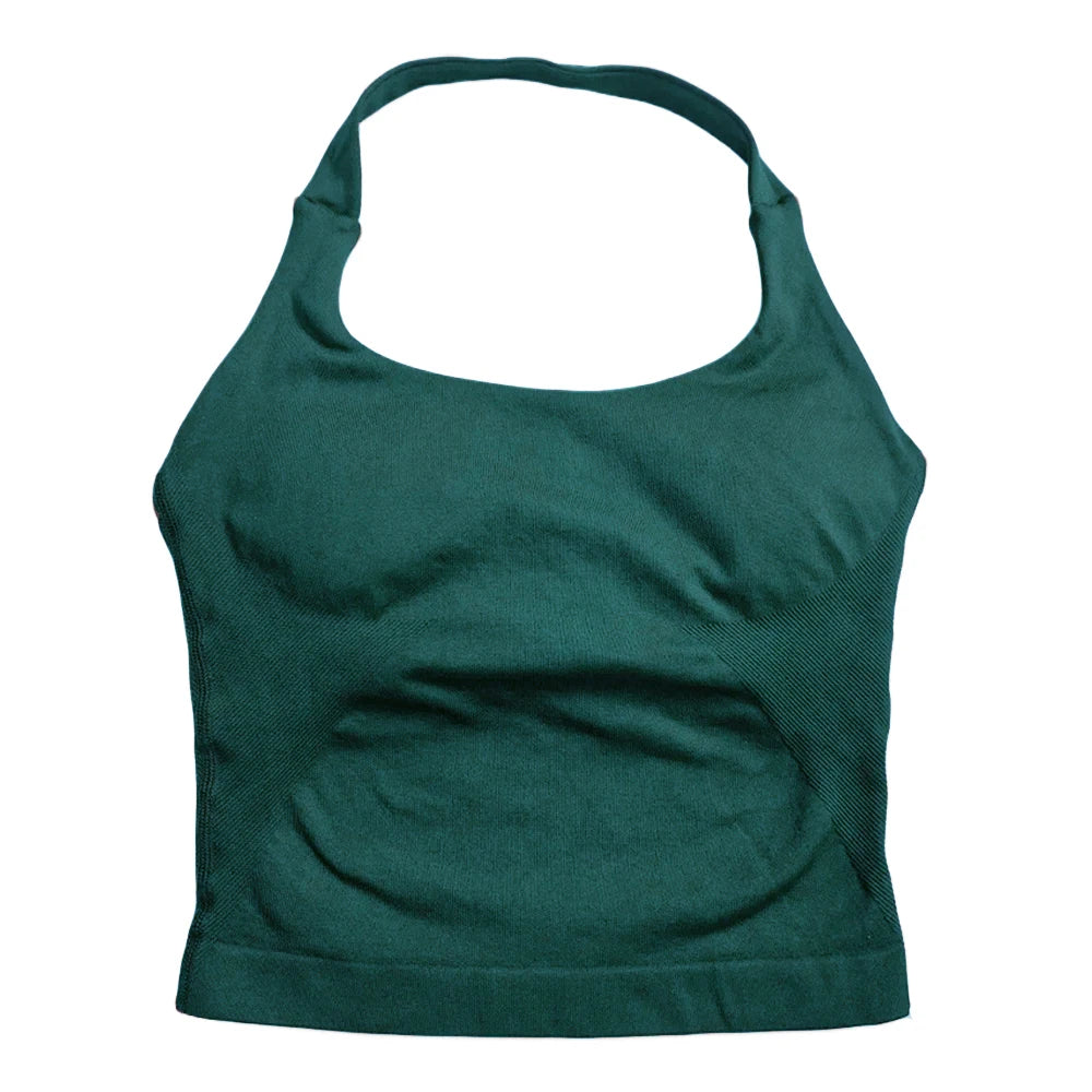 Gym Top Women Clothes Strappy Workout Tank Top Padded Sports Bra Backless Yoga Shirts Seamless Gym Crop Top Halter Fitness Vest