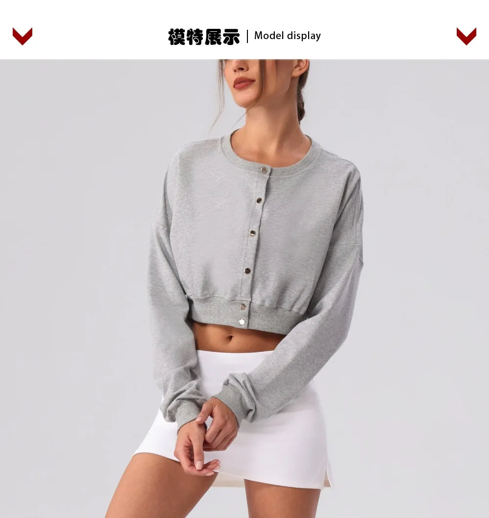 Spring Summer Button-Up Long-Sleeved Sports Jacket Outdoor Front Button Fitness Yoga Workout Coat Gym ActiveWear Top