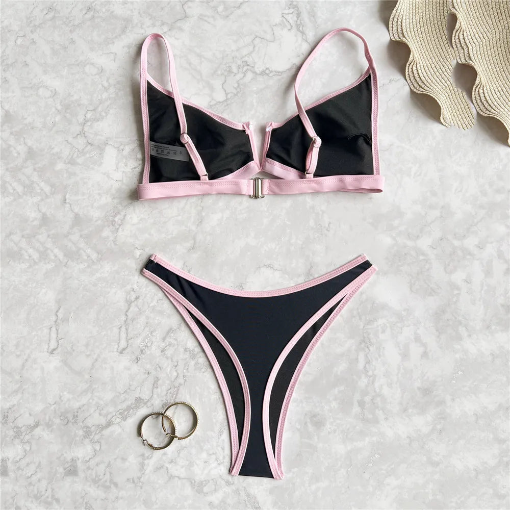 Sexy Black Bikinis Sets Pink Edge Swimwear V Neck Swimsuit Woman 2026 Micro Thong High Cut Bathing Suit Bikinis De Mujer Biquini