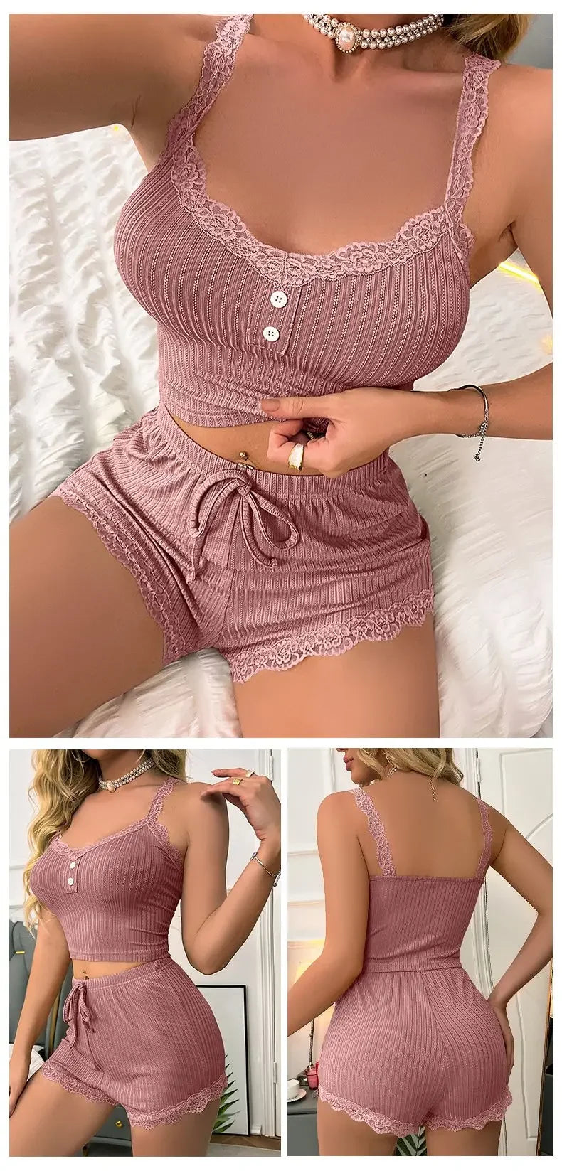 Sexy Women Summer Pajama Set Ribbed Lace Trim Backless Crop Cami Top and Shorts Slim Fit Sleepwear Nightwear Lounge Set