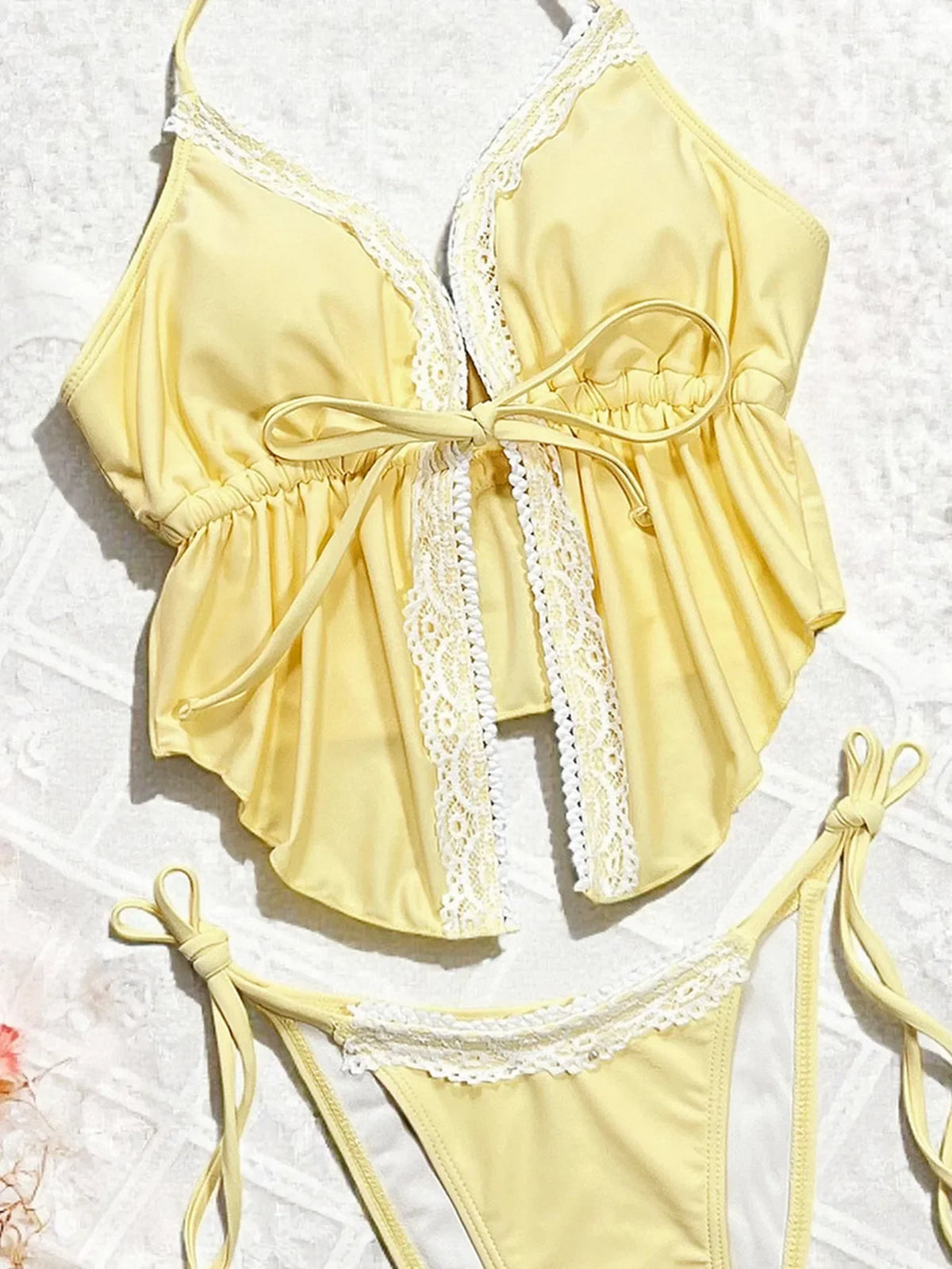 Sexy Triangle Bikini Set Women Yellow Lace Front Tie Push Up Crop Top Micro Swimsuit 2026 Summer Bathing Suit Holiday Swimwear