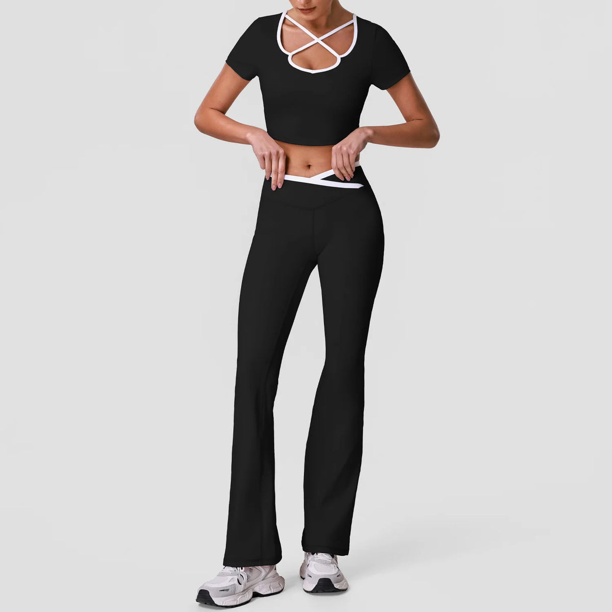 Summer Quick Drying Yoga Sets Women Black Patchwork Short Sleeve Cross Neck Sports Top High Waist Flared Pants Fitness Suits