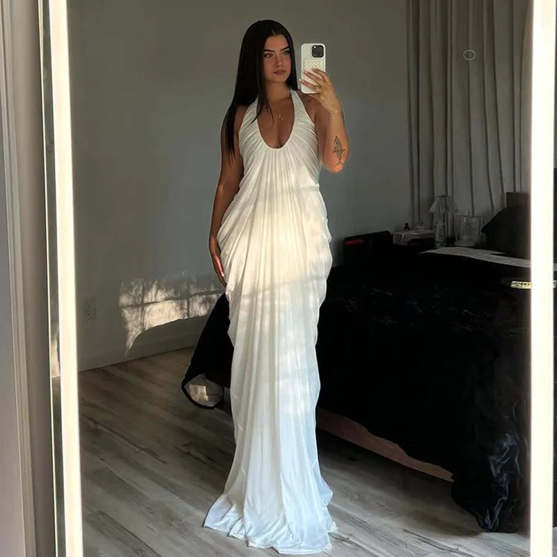 FDYOUI 2026 Summer Backless Ruched White Long Maxi Dress for Woman Elegant Sexy Halter Sleeveless Loose Evening Party Dresses