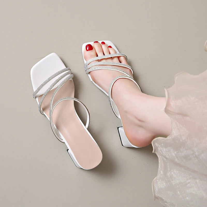 Women Square Toe Rhinestone Cross‑Strap Block Heel Slide Mules Open Toe Slip‑On Dress Party Wedding Heeled Slippers Large Size