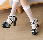 Blue White Ankle Sandals Girls Lace Strap Ankle Women High Heels Mary Janes Pumps Party Wedding Dress Bow Princess Lolita Shoes