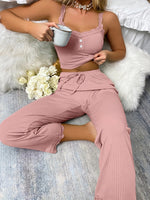 Women Ribbed Pajama Set Lace Trim Camisole Top & Drawstring Pants Sexy Sleepwear Autumn Soft Lounge Homewear