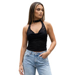 Women Summer Halter Top Sleeveless Lace Backless Solid Color Camis Tops for Club Party