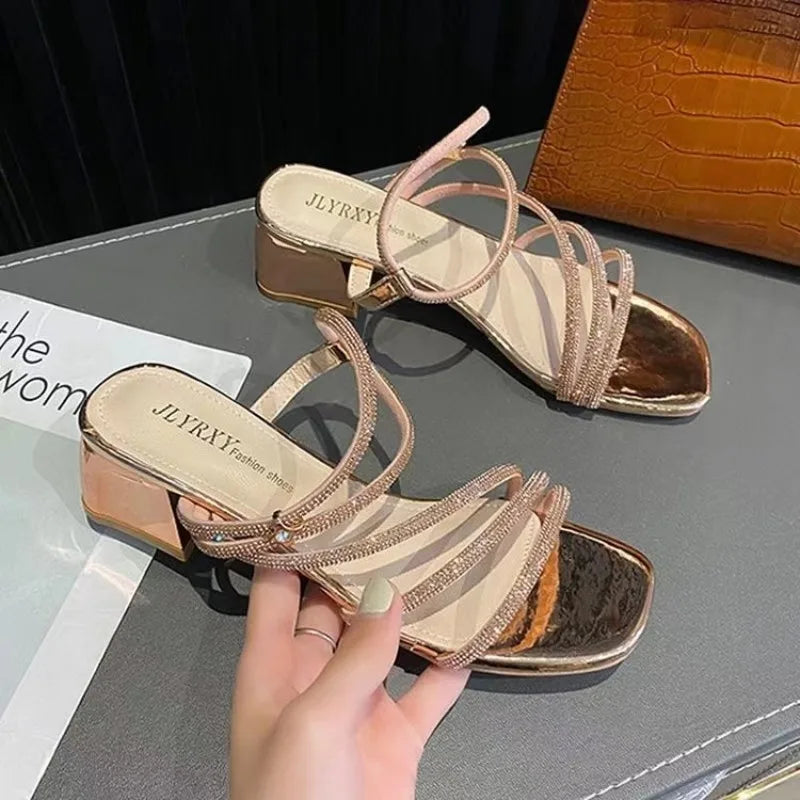 Fairy Style Rhinestone Thick Heel Sandals Women's Summer Versatile Square Head Skirt One Strap Two Wear Slip-On Shoes