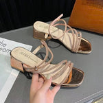 Fairy Style Rhinestone Thick Heel Sandals Women's Summer Versatile Square Head Skirt One Strap Two Wear Slip-On Shoes