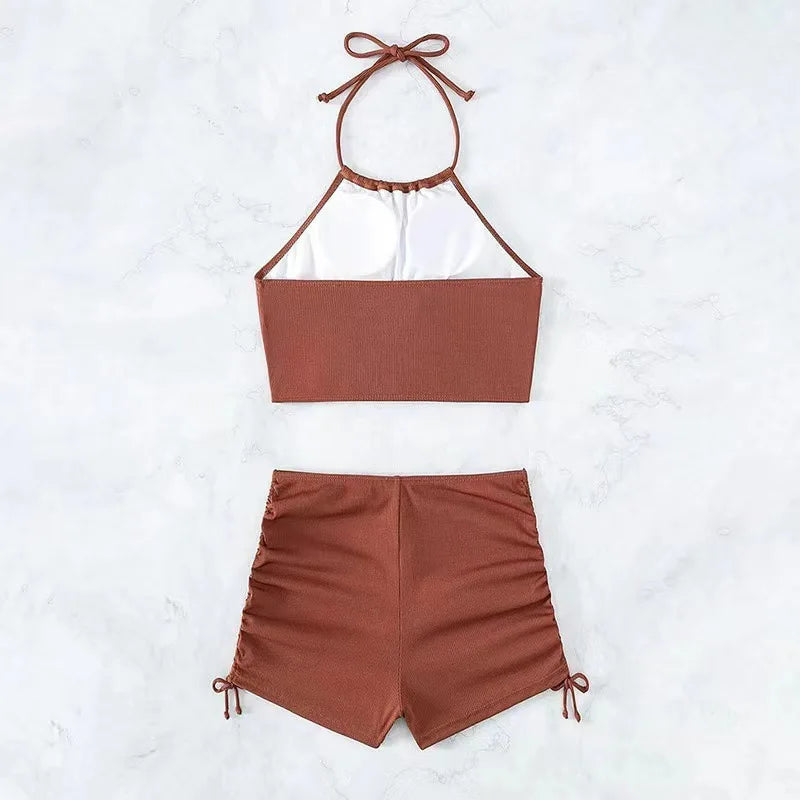 2024 Summer Black Swimsuits Shorts High Neck Bikini Sets Female Swimwear Sports Beach Wear Women's Two-Piece Bathing Suits Pool