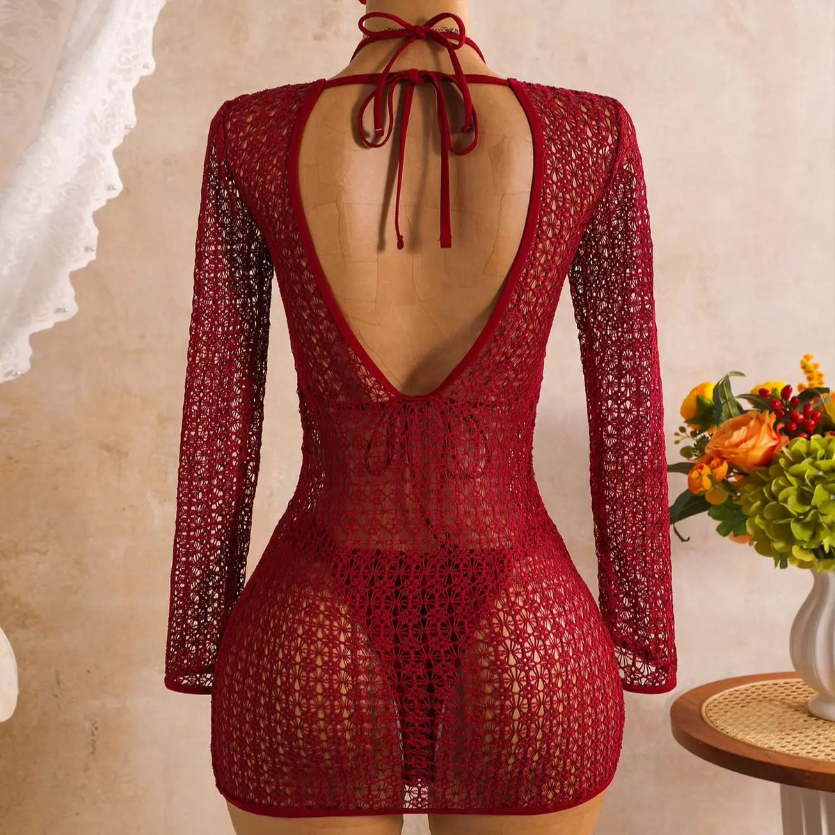 DEKA Sexy Hollow Out Long Sleeve Bikini Set Coffee Mesh Cover Up 3 Piece Swimsuit 2026 Women Push Up Bathing Suit Thong Swimwear