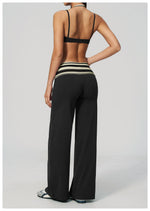 Fake Two-piece Sports Bra Yoga Sets Women Coffee Striped Patchwork Folding High Waist Wide Leg Pants Gym Running Fitness Suits
