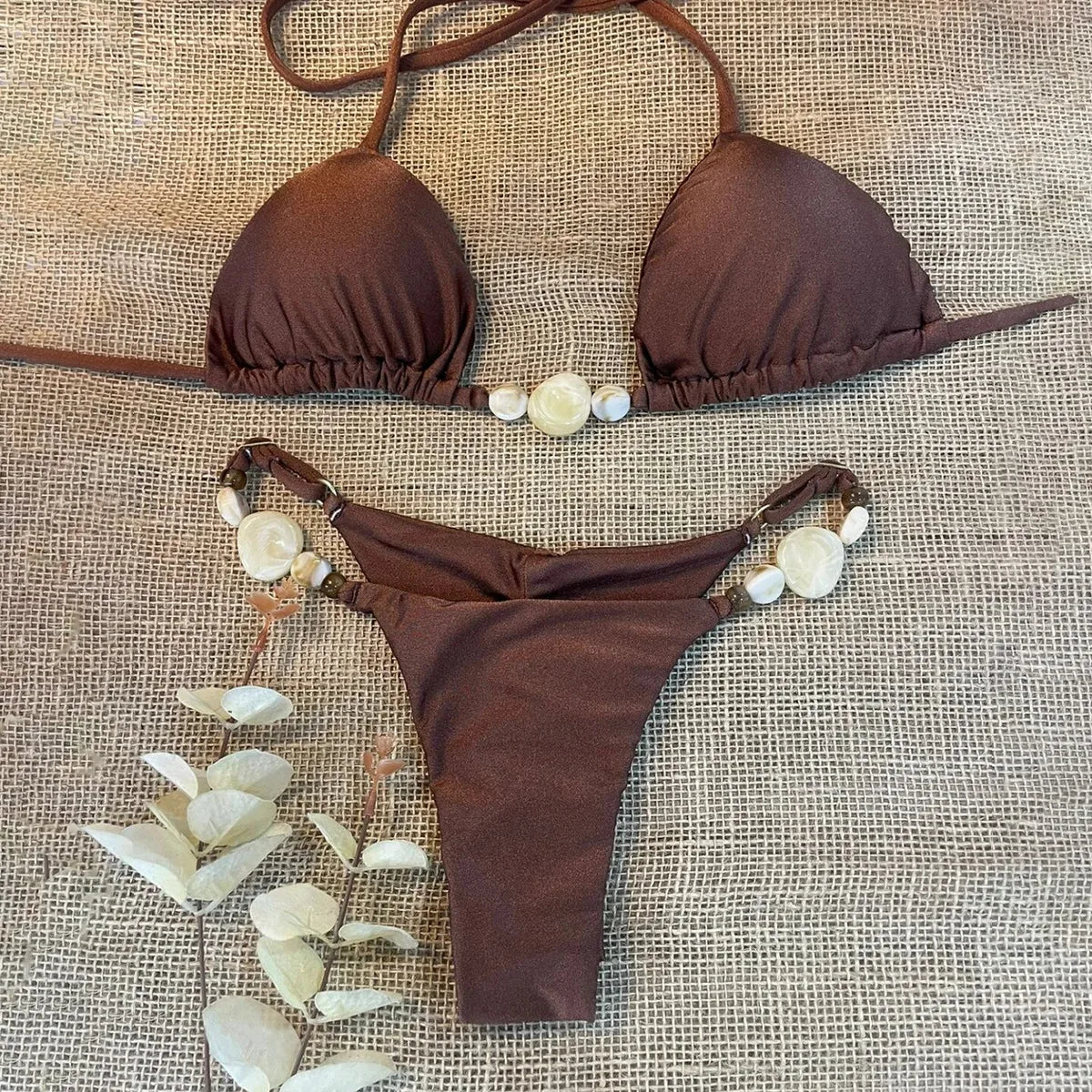 Shiny Halter High Leg Cut Beads Bikini Women Swimwear Female Swimsuit Two-pieces Bikini Set Padded Bather Bathing Suit Swim Lady