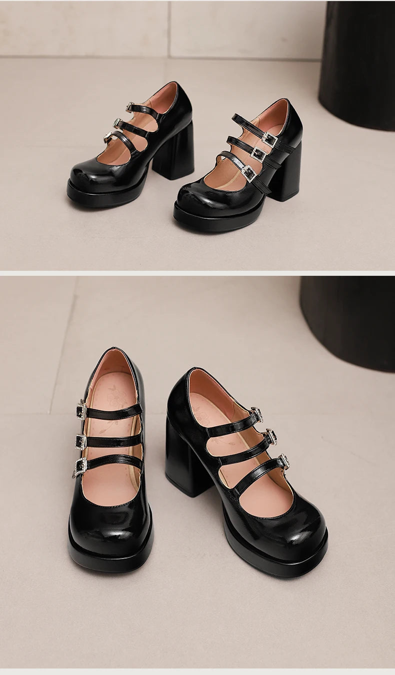 Plus Size Women Red Patent Leather Platform Mary Jane Shoes 3 Rhinestone Buckle Straps Chunky BlockY2K Lolita Party Pumps