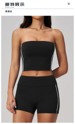 Summer Tight Yoga Suit Women Color Contrast Strapless Slim Sports Tank Top Shorts Fitness Suit Gym Running Workout Tracksuit