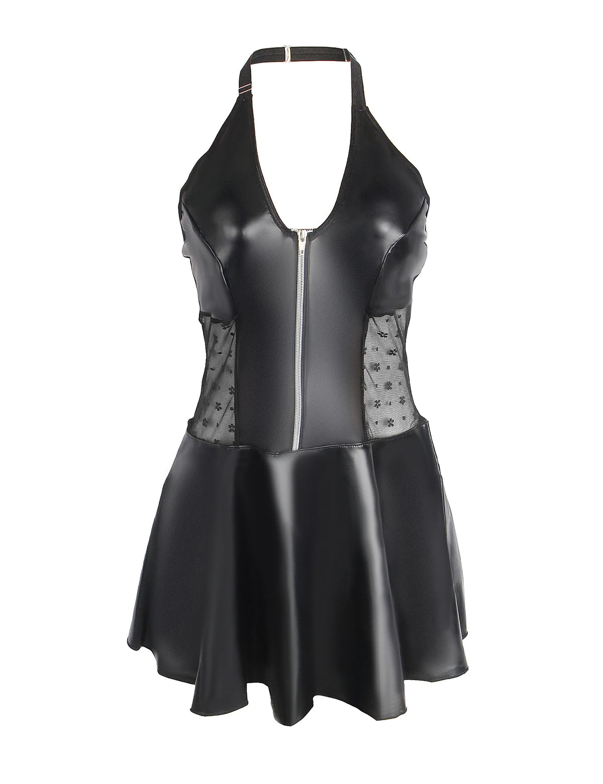 Baby Doll Black PU Leather Lace Sexy Halter Dress With Garter Belts Daring Lingerie for Women Plus Size Club Wear Ladies Dresses
