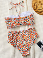 DEKA Ruffles Strapless Lace-Up Bikini Set Floral Pattern Swimsuit Women High Waist Bikini Summer New Swim Bathing Suit