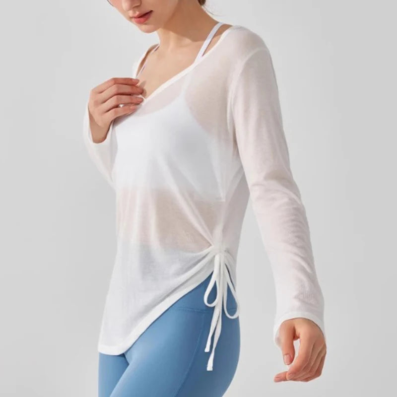 Women's Yoga Sports T-Shirt Drawstring Light Thin Loose Fit Irregular Hem Long Sleeve Fitness Cover Shirt