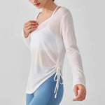 Women's Yoga Sports T-Shirt Drawstring Light Thin Loose Fit Irregular Hem Long Sleeve Fitness Cover Shirt