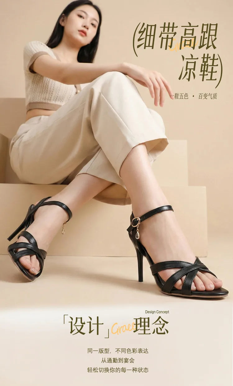 2026 Summer New Women's Metallic High Heel Sandals Ankle Strap Crystal Buckle Stiletto Heels Sexy Party Wedding Prom Dress Shoes