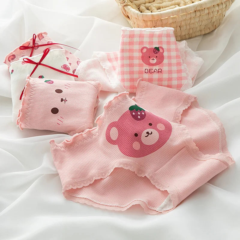 1-Pack Kawaii Bear Print Cotton Panties Women's Breathable Underwear Peach Blush Gingham Ruffled Briefs Low Rise Ladies Lingerie
