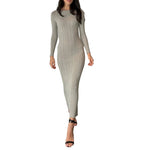 Women Spring Autumn Solid Color Bodycon Knit Dress Long Sleeve Crew Neck Ribbed Dress Slim Fit Long Dress