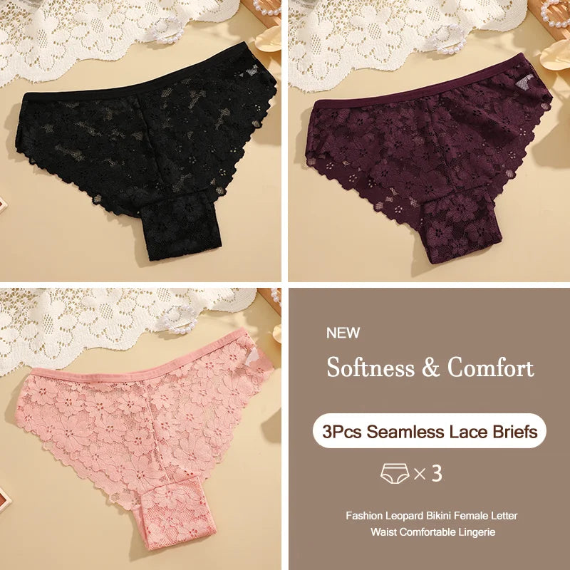 3Pcs Lace Sexy Transparent Panty Women's Panties Sexy Breathable Pink-Brown Series Underwear Female Low Waist Soild Lingerie