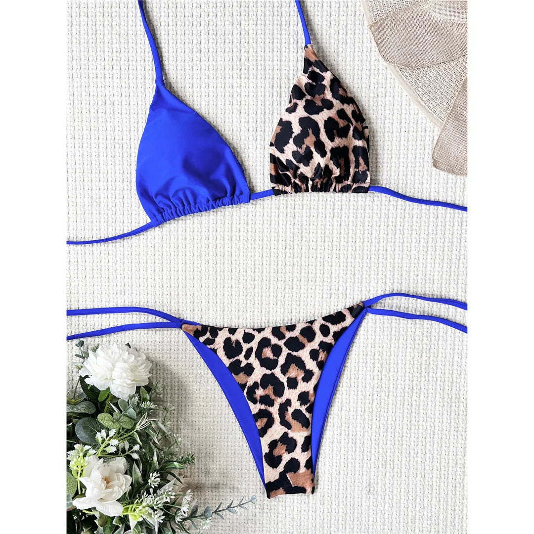 XS - L 8 Color Splicing Halter Leopard Bikini Female Swimsuit Women Swimwear Two-piece Bikini set Bather Bathing Suit Swim V3736