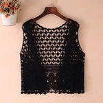 Women Summer Vest Hollow Out Retro Knitted Crochet Sleeveless Loose Open Stitch Thin Cardigan Daily Outwear Coat Top