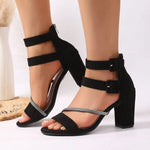 2026Women Shoes Sandals Peep Toe Block Heels Buckle Strap FlockSummer Concise