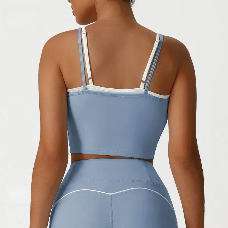 Women's Seamless Yoga Vest - Fake Two-Piece with Backless Removable Padded Sports Bra Stretchy Running Fitness Tank Top