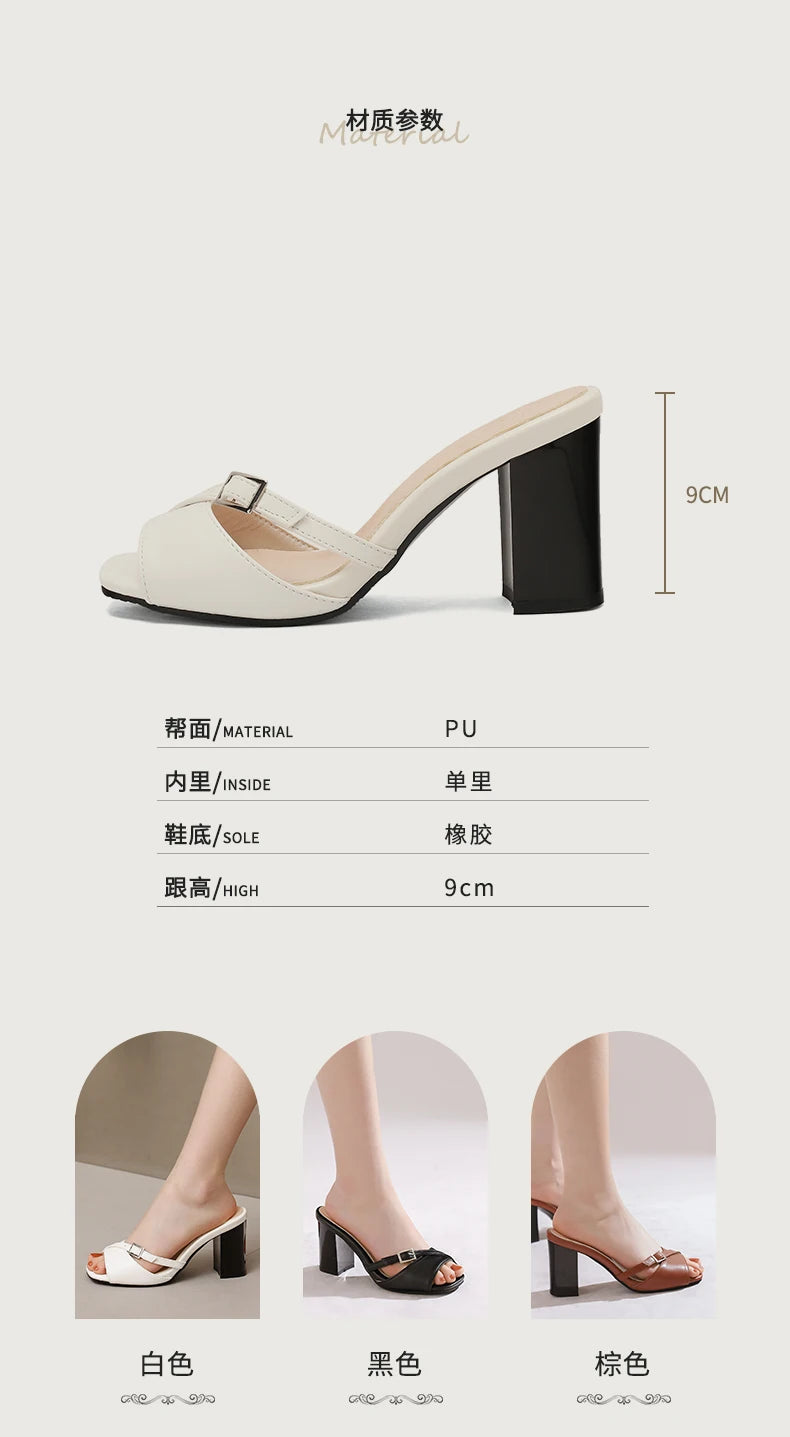 Summer New Fashion Open Toe Solid Color Simple Leather Surface Versatile Color Large Slippers Square Heel Shoes Women