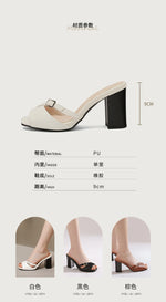 Summer New Fashion Open Toe Solid Color Simple Leather Surface Versatile Color Large Slippers Square Heel Shoes Women