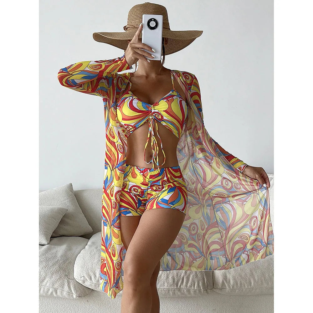 2025 Three Pieces Bikini Set Cover Up Swimwear Women Swimsuit Print Long Sleeve Push Up Bathing Suit Beachwear Swimming Biquini