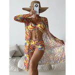 2025 Three Pieces Bikini Set Cover Up Swimwear Women Swimsuit Print Long Sleeve Push Up Bathing Suit Beachwear Swimming Biquini