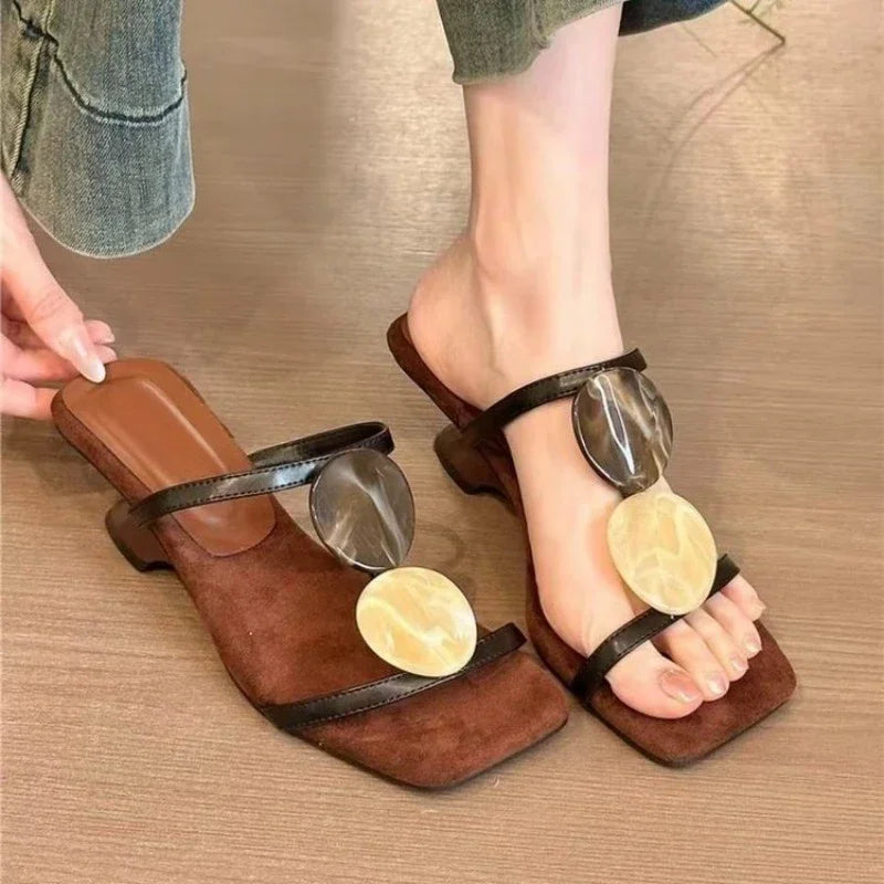Square Toe Slippers Women High Heels Sandals Open Toe Shoes 2026 Summer Casual Beach Pumps Sexy Pumps