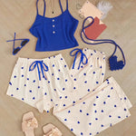 Three Piece Printed Vest Shorts and Bow Drawstring Pants Casual Women's Cute Heart-Shaped Print Paired with Home Pajamas Set