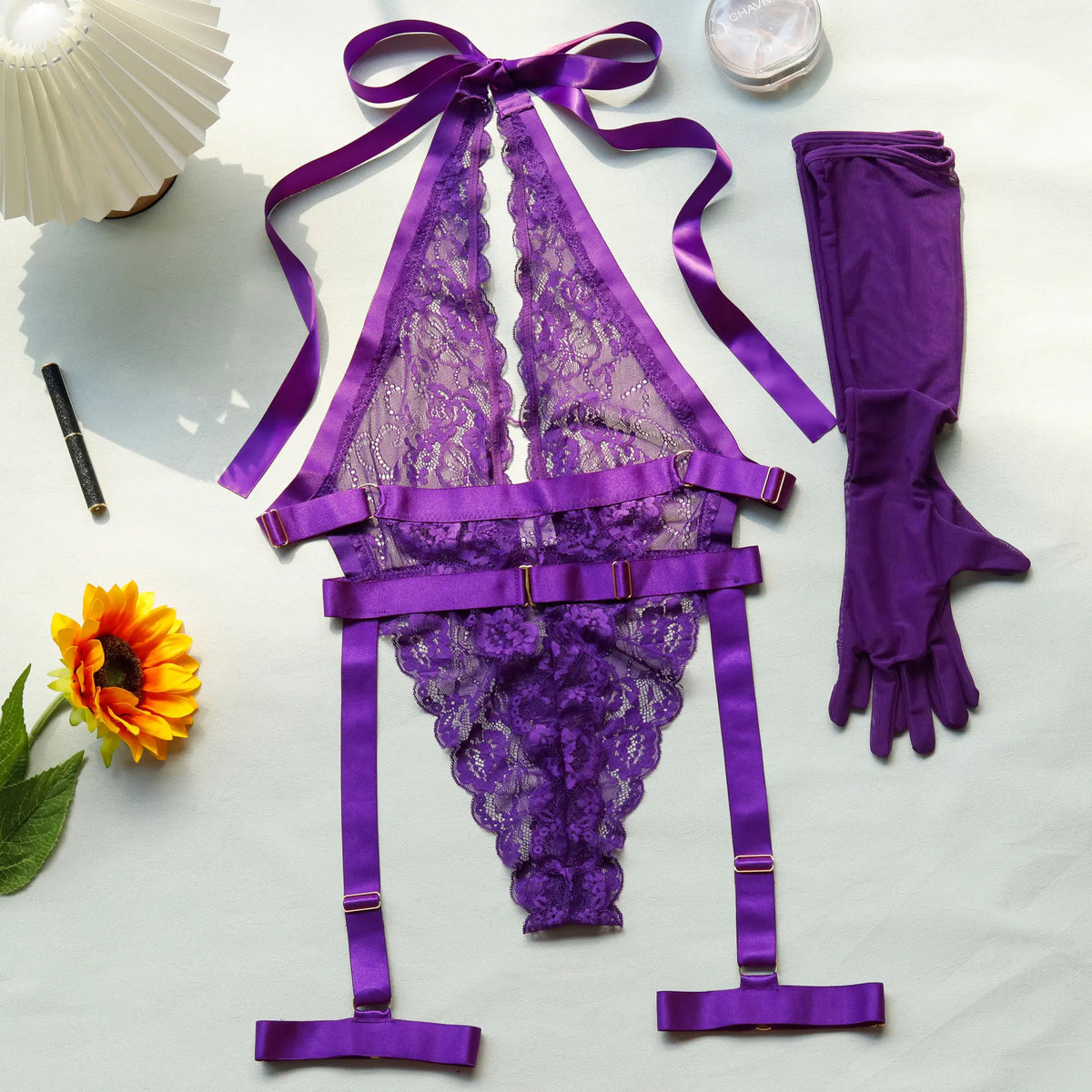 New Purple Sexy Lace Bodysuits Deep V Neck Halter Mesh Solid Color Bodysuits CharmingPure Desire Transparent Flower Print OOB5