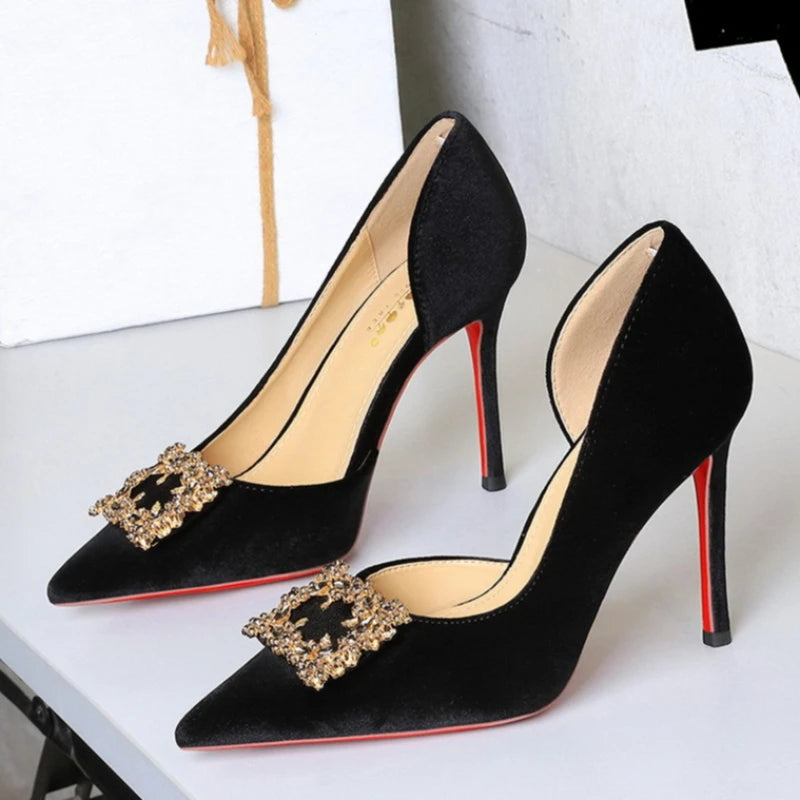 Women 10cm Super High Heels Pointed Toe Side Hollow Work Pumps Metal Crystal Buckle Velvet Stiletto Fashion Banquet Lady Shoes