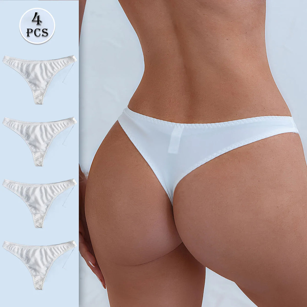 4 pcs Women's Sexy Thong Underwear Breathable T Panties Low Waist Seamless Lingerie Simple Plain Sexy Briefs Bikini
