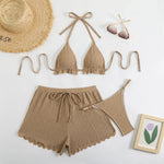 Sexy Purple Thong Bikini with Shorts Women Three Pieces Swimsuit Brazilian Swimwear Female Beachwear Halter Bathing Suit Outfit