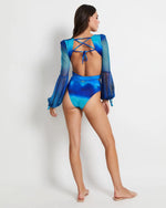 One Piece Swimsuit Sexy Long Sleeve Tropical Print Swimwear Women Bandage Monokini Hollow Out Bathing Suit String Beachwear 2023