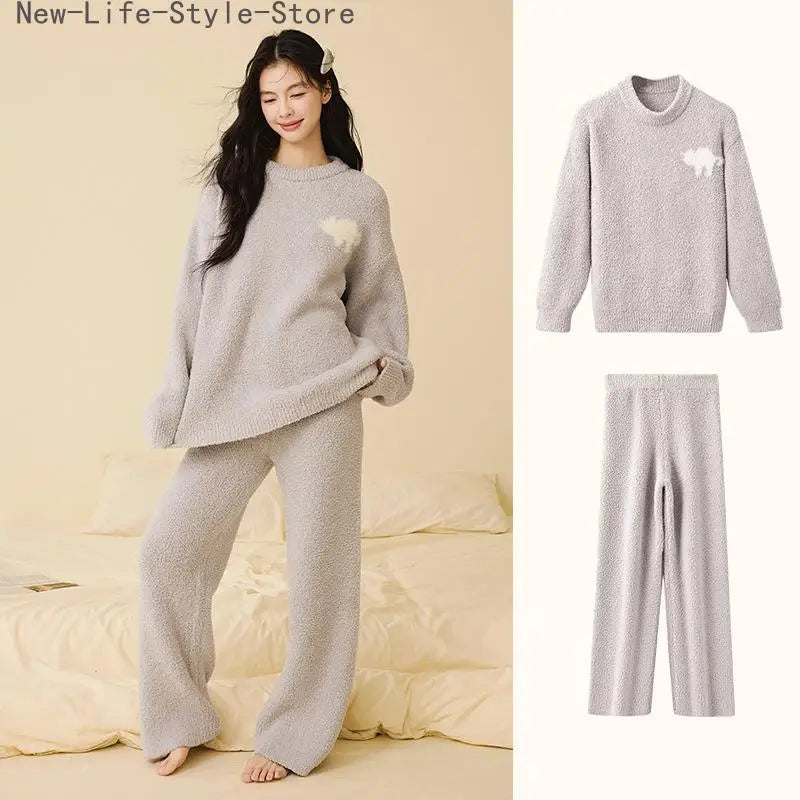 Women Autumn Winter Half Fleece Pajama Set Solid Round Neck Thick Warm Soft Casual Homewear Sleepwear Suit Wearable Outside