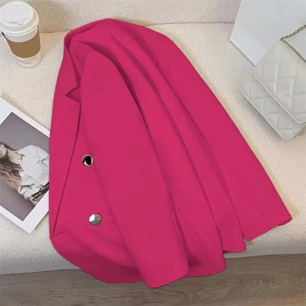 Women Suit Coat Lapel Long Sleeve Double Placket Suit Jacket with Pockets Solid Color Loose Fit Mid-length Business Outerwear